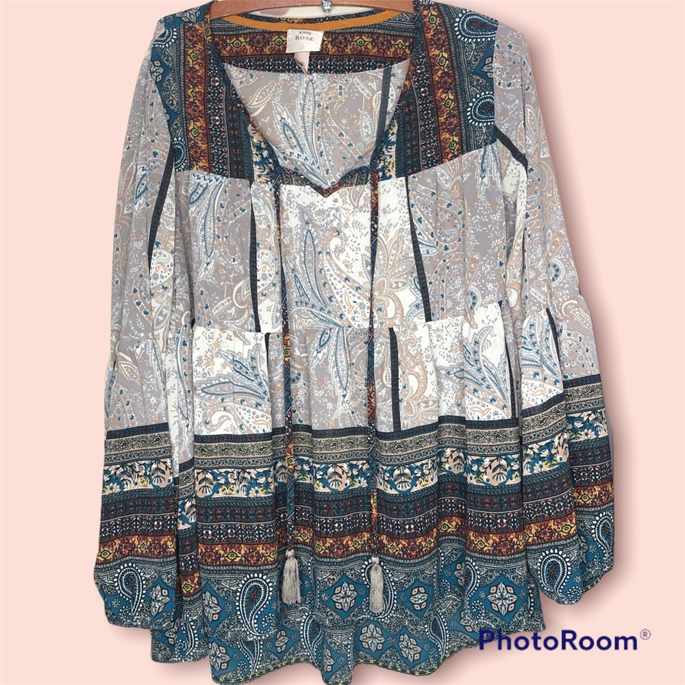 KNOX ROSE Boho Tie Neck Tassel Front Peasant Top Blouse Size 1X